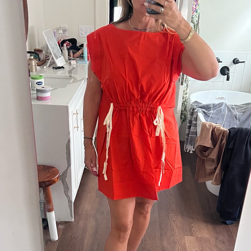 🪅Cotton Poplin red-orange cinch waist cap sleeve Sundress banana republic L - Picture 4 of 8